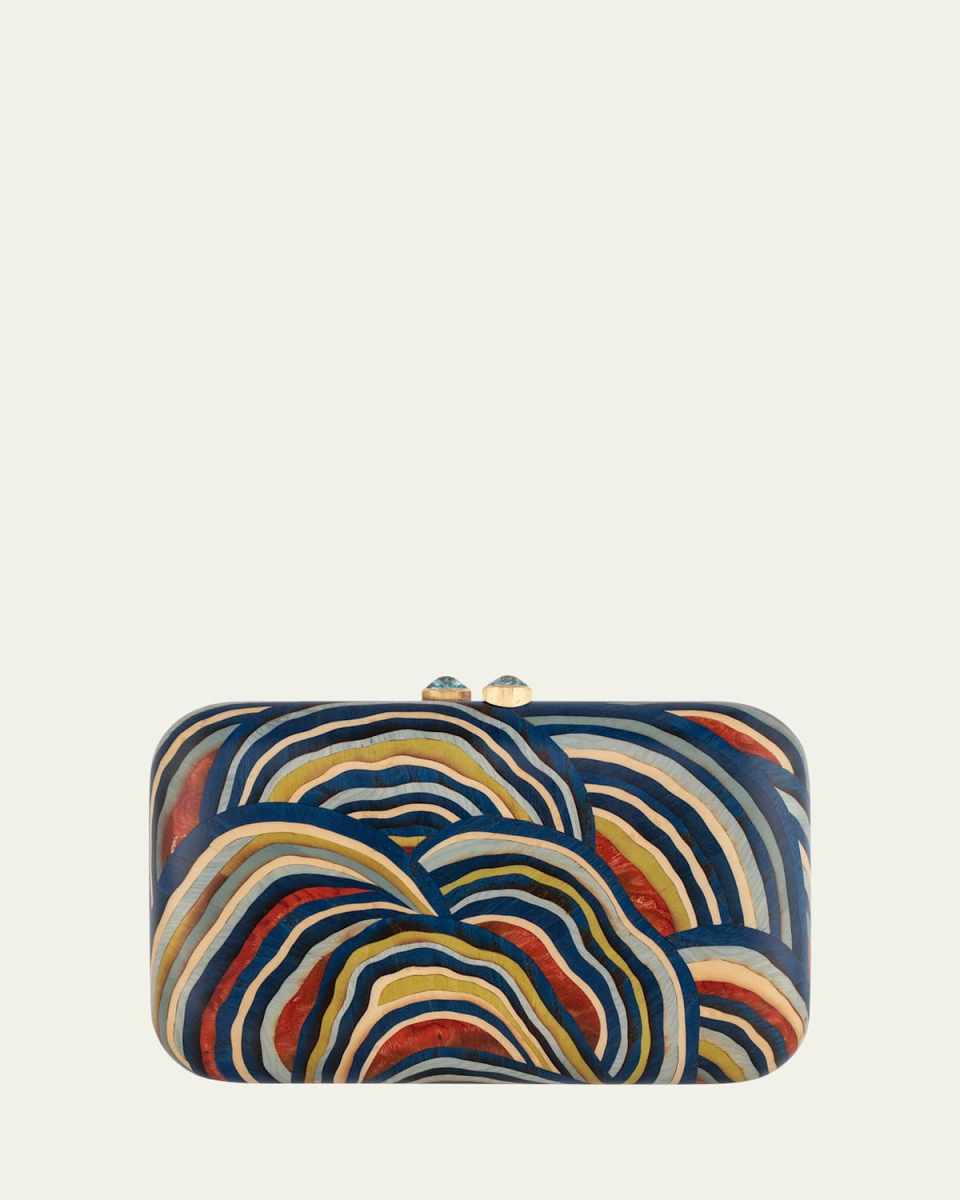 18K Yellow Gold Rectangular Marquetry Clutch with Blue Fungi Print and Sky Blue Topaz